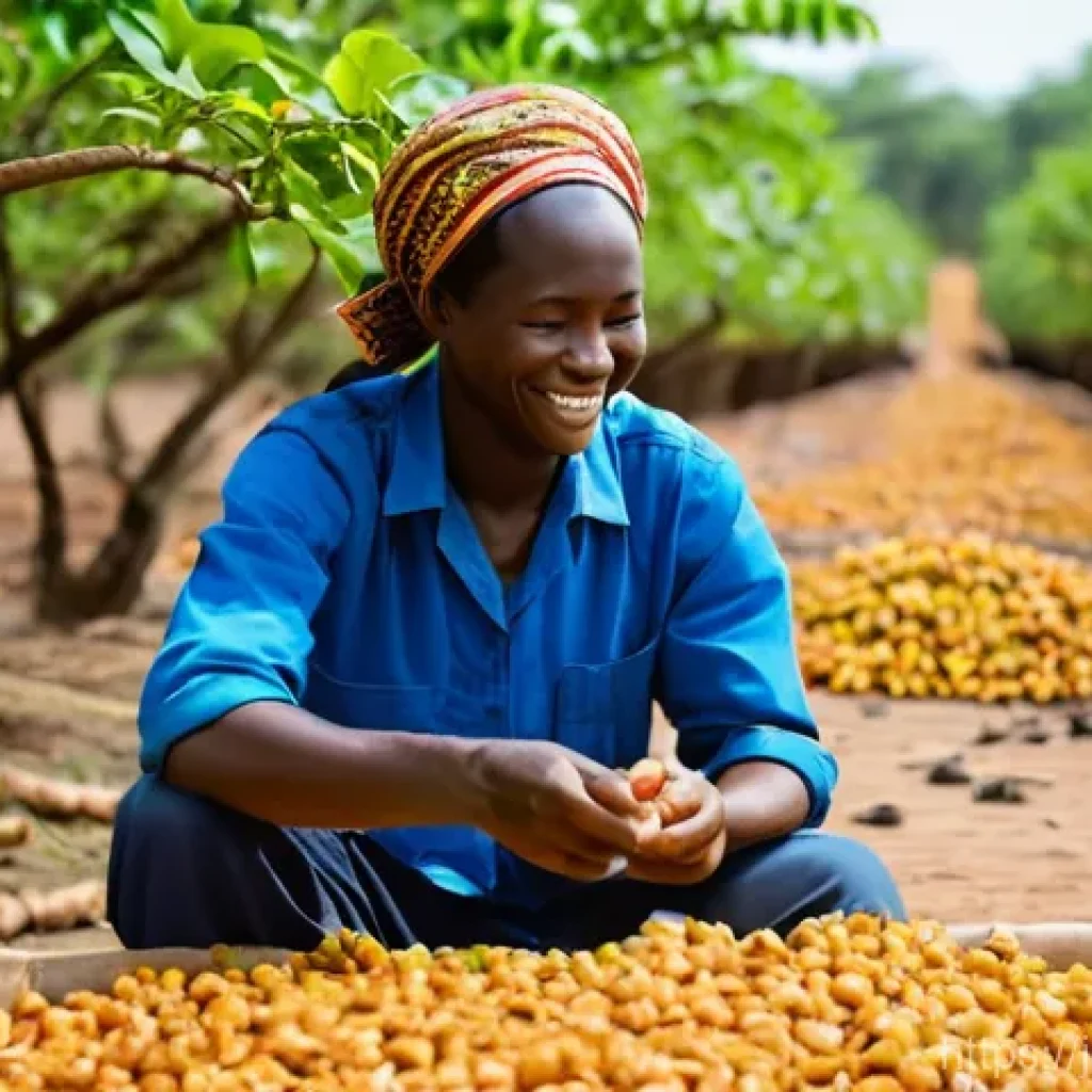 기니비사우에서 유기농 제품과 친환경 농업 - **Prompt:** A vibrant and bustling scene in a sun-drenched organic cashew farm in Guinea-Bissau. Sev...