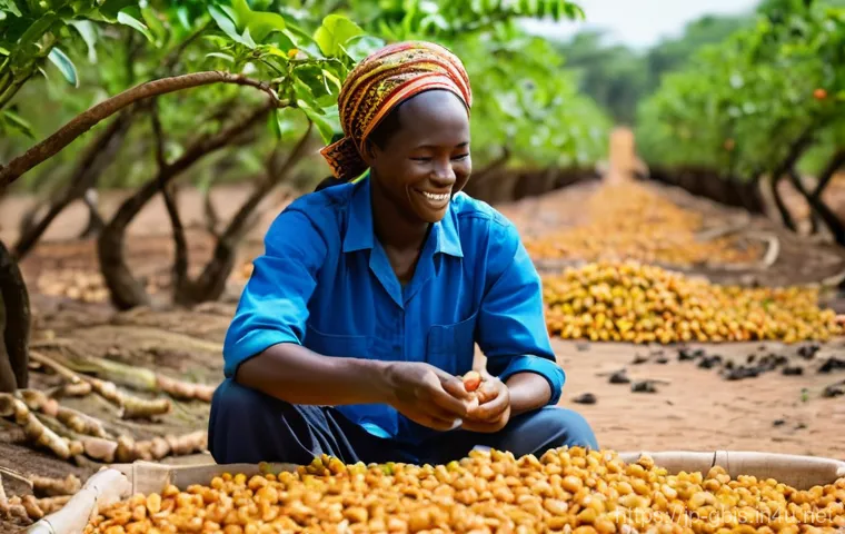 기니비사우에서 유기농 제품과 친환경 농업 - **Prompt:** A vibrant and bustling scene in a sun-drenched organic cashew farm in Guinea-Bissau. Sev...