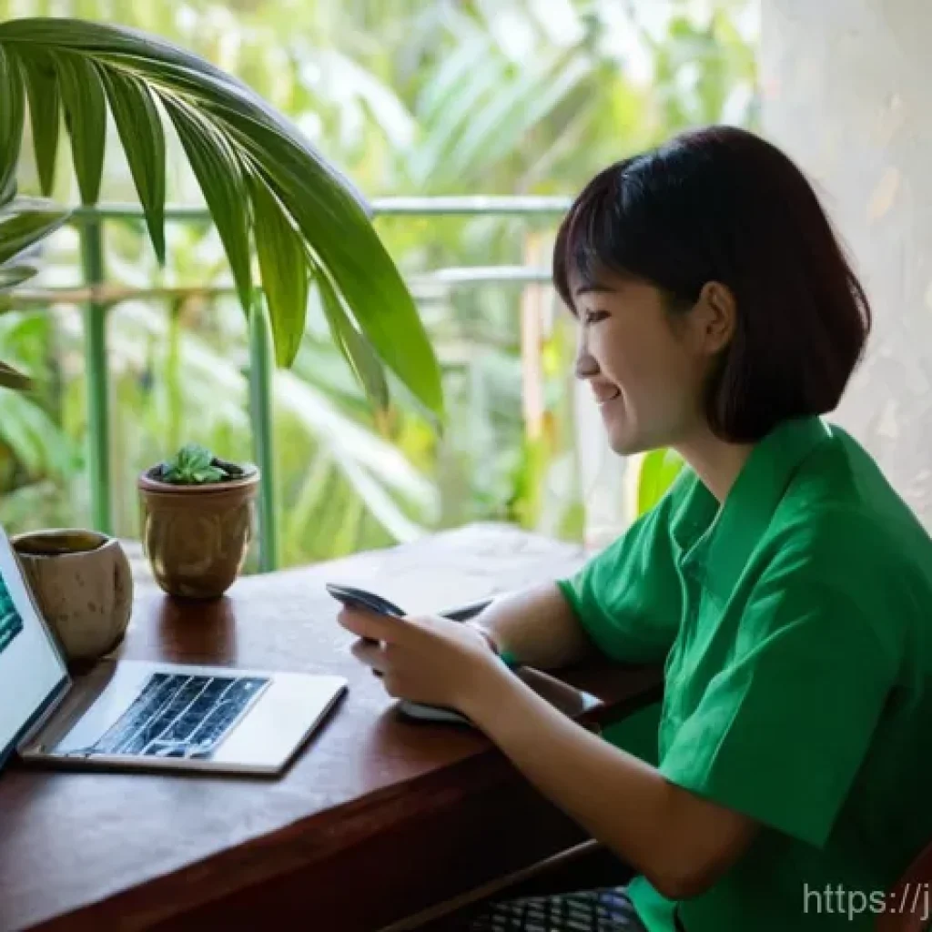 기니비사우에서 카메라와 전자기기 사용법 - **Prompt:** A cheerful Japanese female travel blogger in her late 20s, with short, stylish hair, is ...