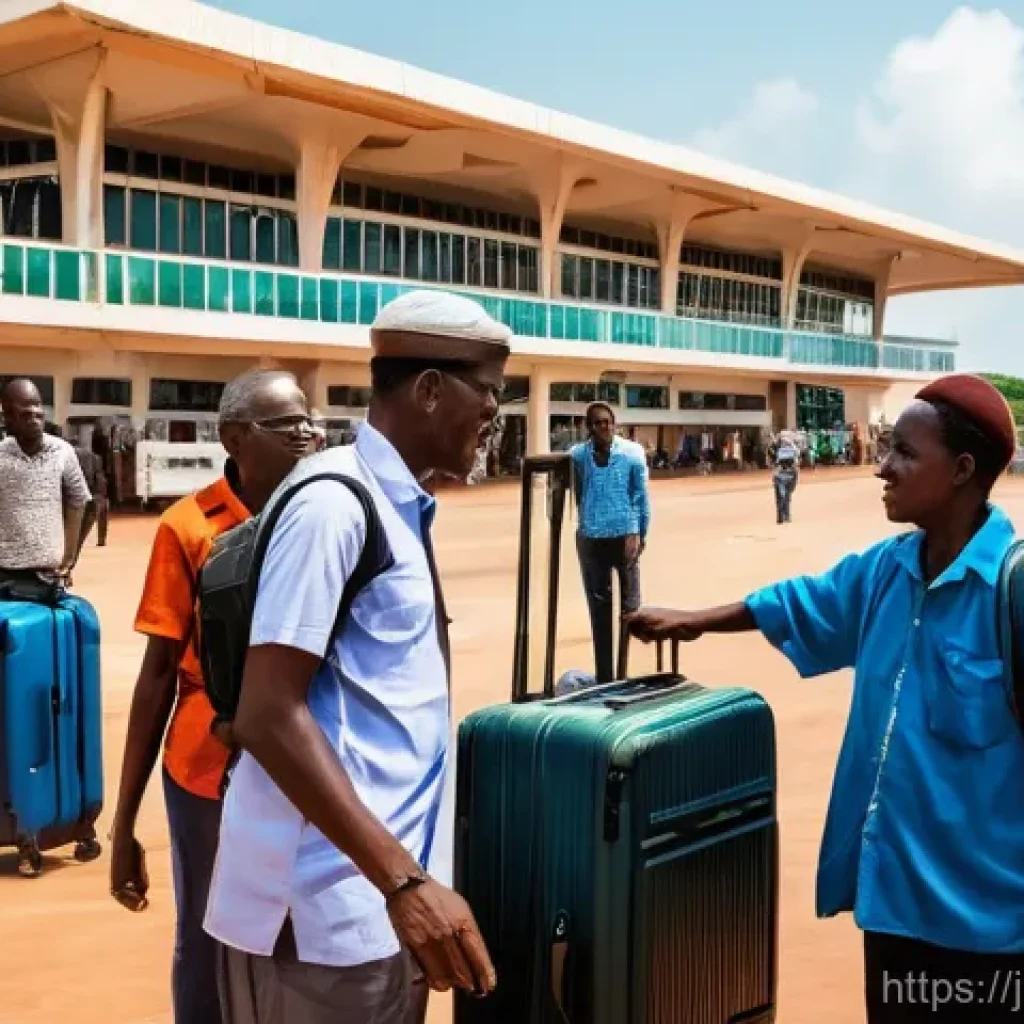 기니비사우의 공항과 주요 교통수단 - **Prompt:** A vibrant and authentic scene at Osvaldo Vieira International Airport in Bissau, Guinea-...