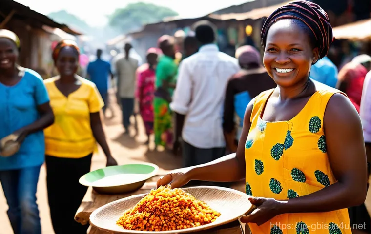 기니비사우에서 주의해야 할 질병과 예방접종 - A bustling, vibrant open-air market in Guinea-Bissau, bathed in warm, natural sunlight. In the foreg...