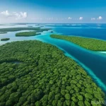 기니비사우에서 방문하기 좋은 섬 여행지 - **Prompt:** A breathtaking aerial view of the Bijagos Archipelago at dawn. The scene captures a pris...