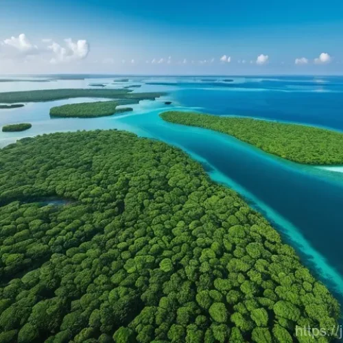 기니비사우에서 방문하기 좋은 섬 여행지 - **Prompt:** A breathtaking aerial view of the Bijagos Archipelago at dawn. The scene captures a pris...