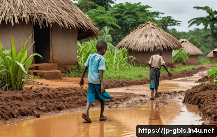 기니비사우에서 사회 문제와 빈곤율 - A small rural farming village in Guinea-Bissau during the rainy season, showing a family of farmers ...