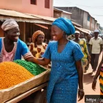 기니비사우의 공용어와 사용 언어 - A vibrant street market scene in Bissau, Guinea-Bissau, bustling with diverse ethnic groups includin...