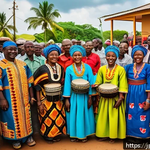 기니비사우에서의 명절과 공휴일 - A vibrant scene from the Cabola Festival in Guinea-Bissau showing a group of people dressed in color...