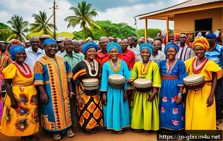 기니비사우에서의 명절과 공휴일 - A vibrant scene from the Cabola Festival in Guinea-Bissau showing a group of people dressed in color...