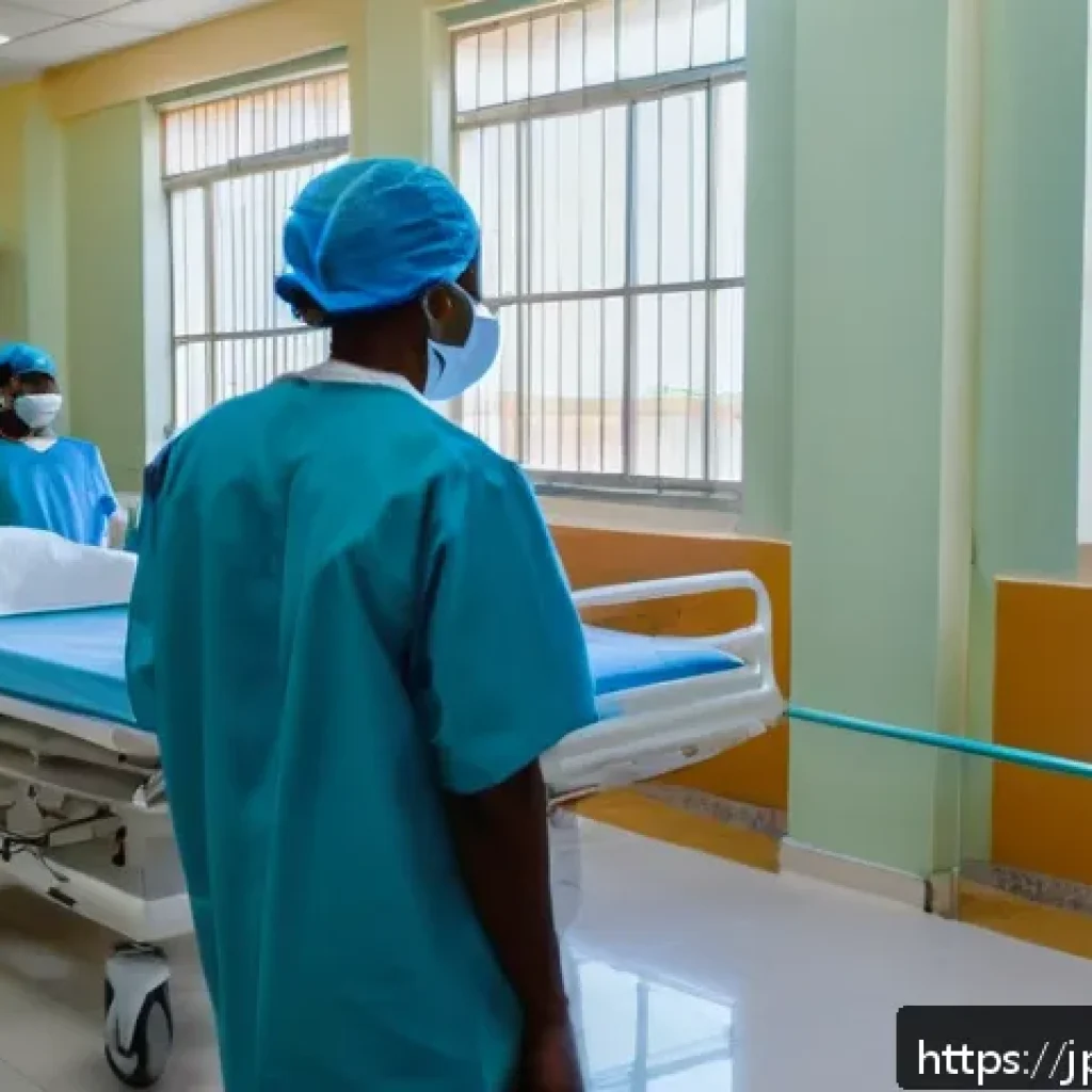 기니비사우 의료 시스템과 병원 정보 - A modern hospital scene in Bissau, Guinea-Bissau, showing a busy central hospital interior with doct...