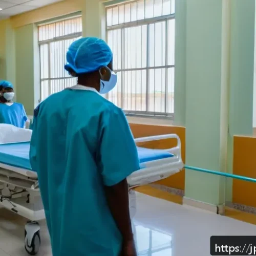 기니비사우 의료 시스템과 병원 정보 - A modern hospital scene in Bissau, Guinea-Bissau, showing a busy central hospital interior with doct...