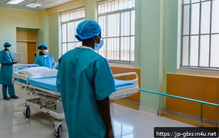 기니비사우 의료 시스템과 병원 정보 - A modern hospital scene in Bissau, Guinea-Bissau, showing a busy central hospital interior with doct...
