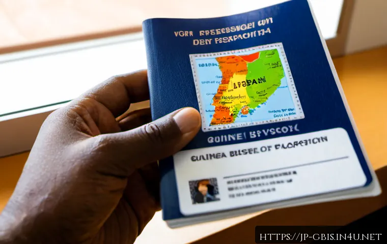 기니비사우 비자 발급 절차 - Photorealistic travel visa application scene for Guinea-Bissau, Japanese adult traveler seated at a ...