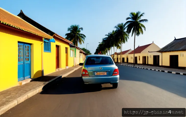 기니비사우에서 운전과 차량 렌트 가이드 - Photorealistic travel scene in Guinea-Bissau, a clean compact rental car parked beside a quiet paved...