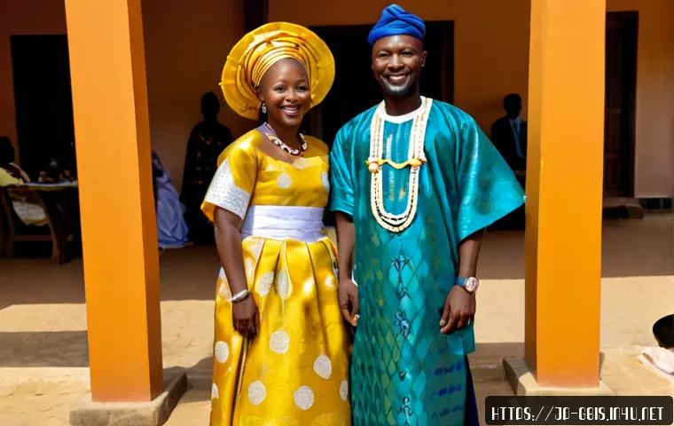 기니비사우에서 결혼 문화와 전통 결혼식 - Photorealistic traditional wedding celebration in Guinea-Bissau, an adult bride and groom wearing el...